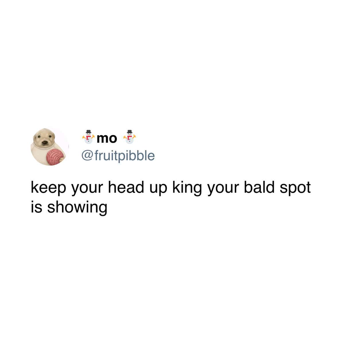 Tweet telling a king to keep head up because bald spot is showing.