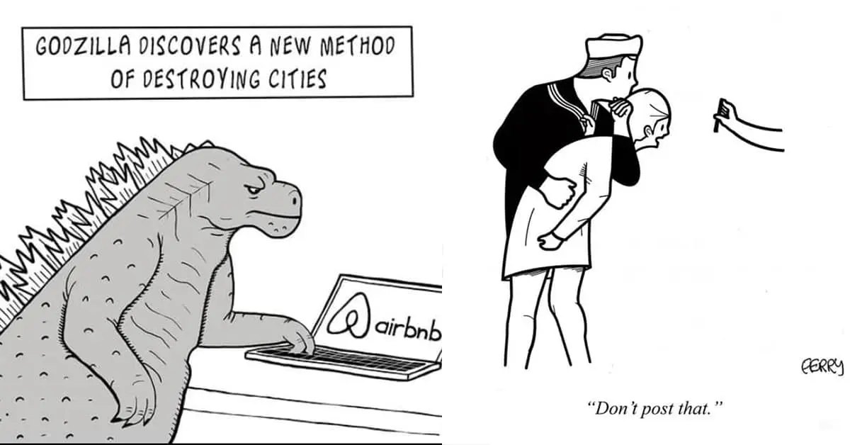 Collection of single panel comic images and Tadhg Ferry comic compilations featuring Godzilla and spooning whales