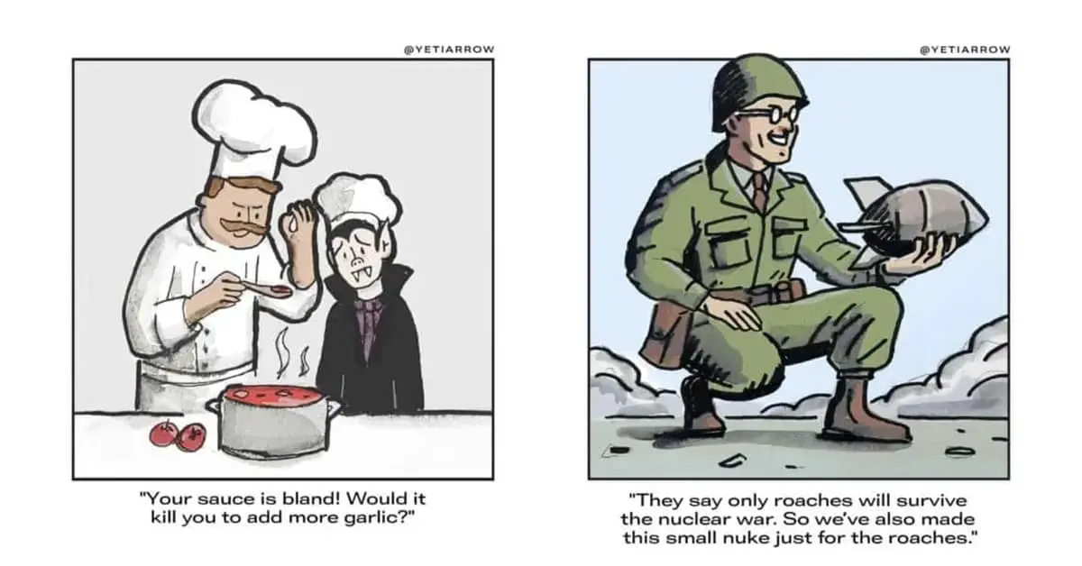 Collection of single panel comic images and YetiArrow comic compilations featuring vampire chefs and roller skating dinos