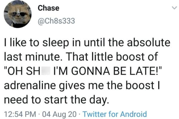 A sleep meme tweet comparing the panic of being late to a morning energy boost.