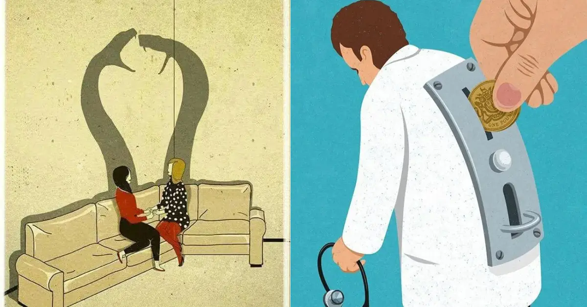 Collection of thought provoking comics and deep meaning illustrations featuring social media addiction and procrastination skeletons