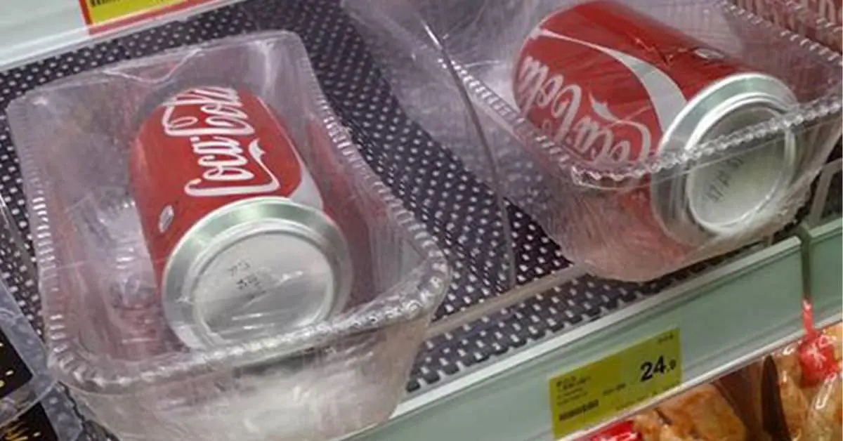 Collection of unnecessary packaging images and product packaging fail compilations featuring individually wrapped jelly beans and coconuts