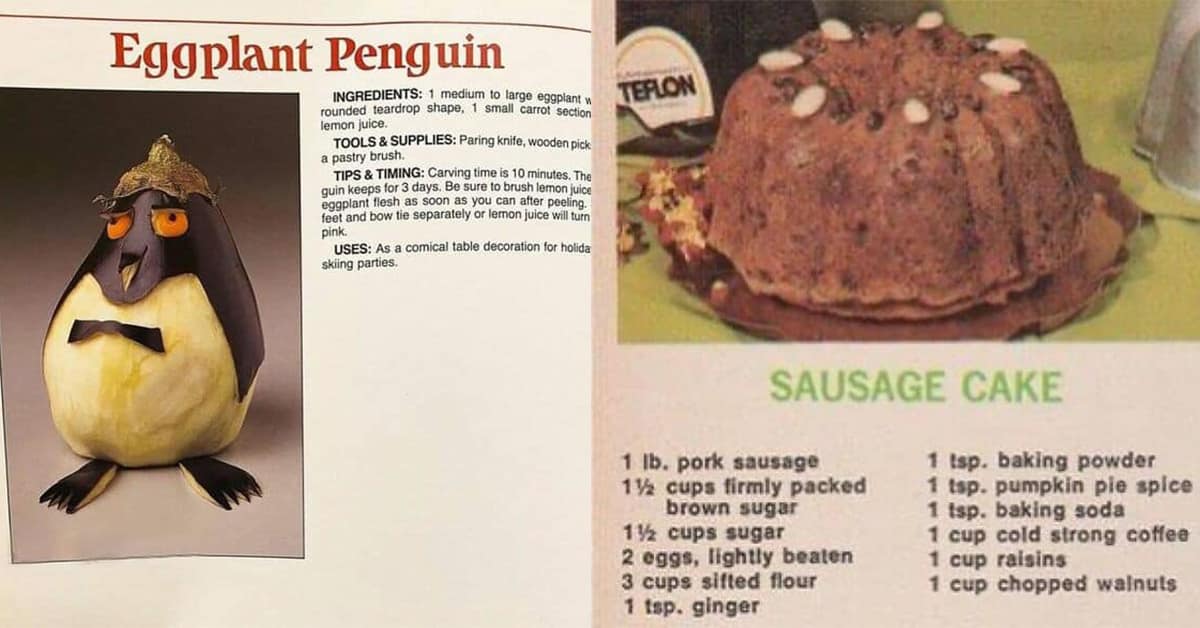 Montage of gelatinous foods and meat sculptures in a weird vintage recipe gallery