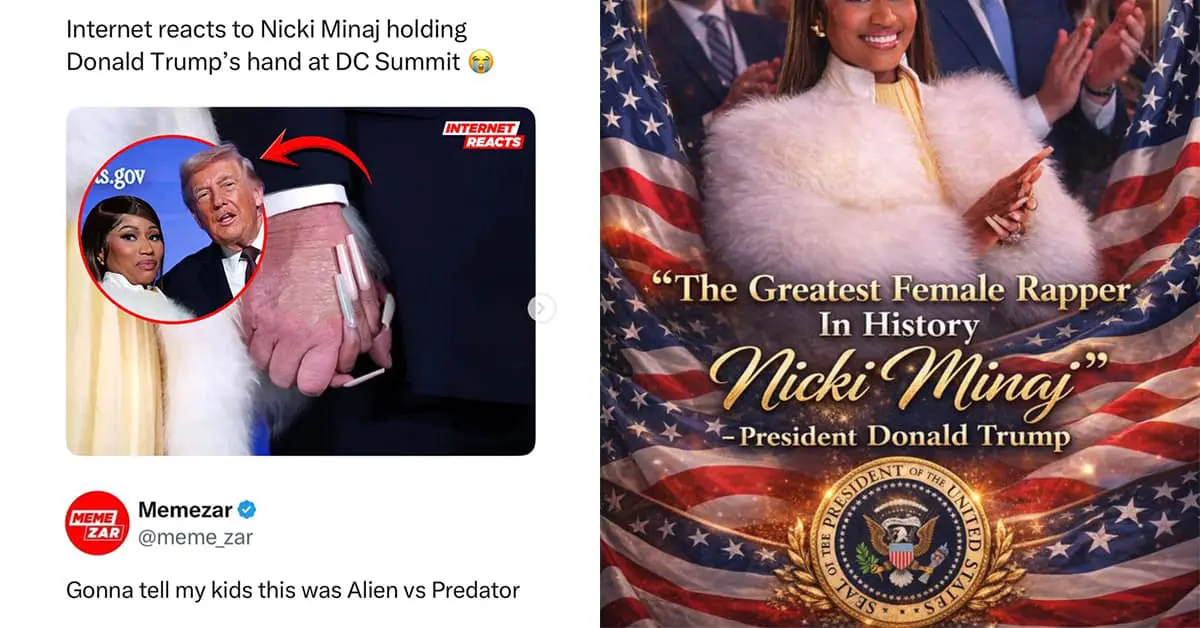 Collection of Nicki Minaj Trump meme highlights including the "Alien vs Predator" handshake, the "sheep" crowd comparison, and the acrylic nails photoshop.
