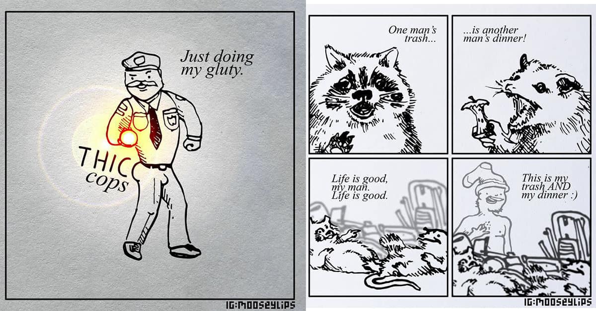 Collection of absurd comics and Mooseylips Comic highlights featuring screaming cicadas and emotional bees