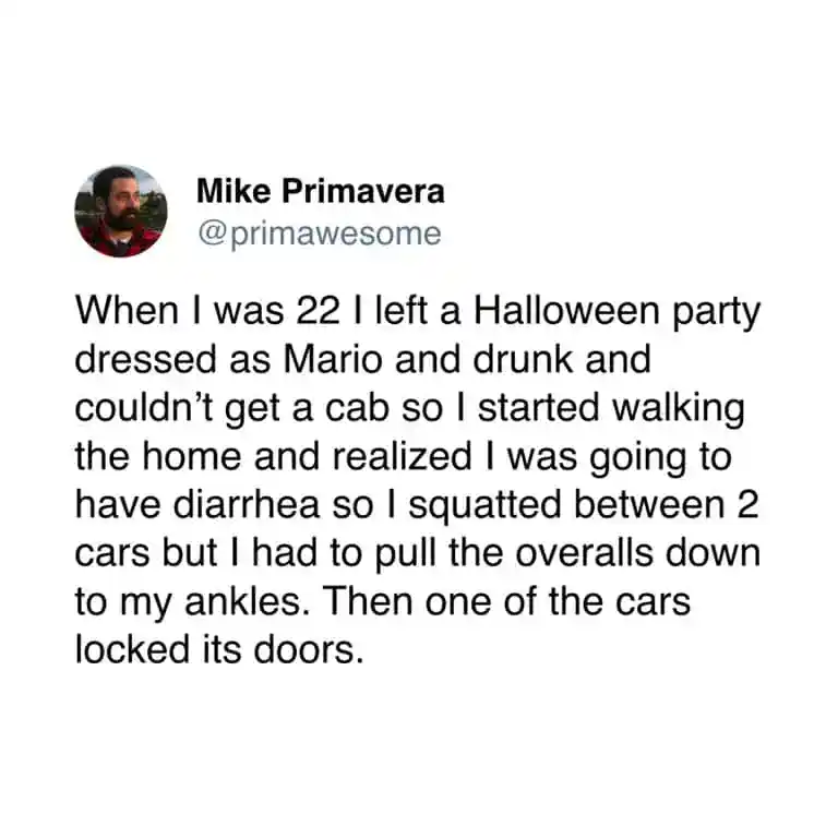 Tweet about a drunk Mario costume mishap involving a car alarm and diarrhea.