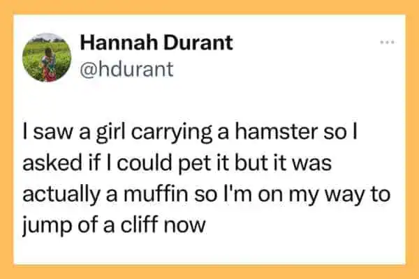 Tweet about mistaking a muffin for a hamster and asking to pet it.