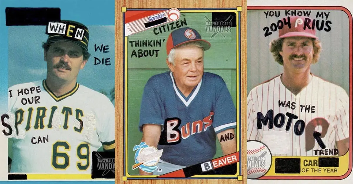 A collection of baseball card vandals favorites and funny vandalized baseball cards including "Fish Tankhead" and bathroom protests.