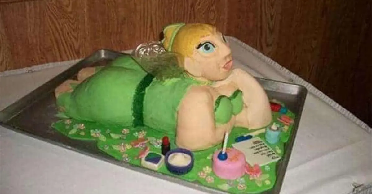 Collection of cake fail images and botched cake creations featuring scary princesses and pickle cheesecakes