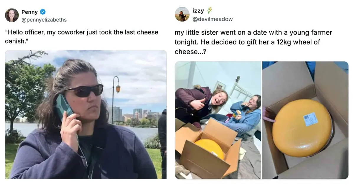 Collection of cheese meme favorites and funny tweet about cheese examples featuring massive cheese wheels and grocery store struggles.