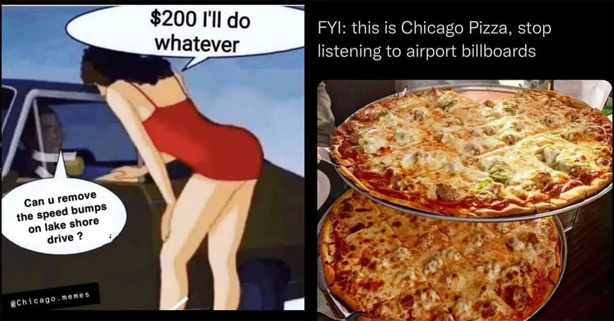 Collection of Chicago meme images and memes about Chicago including Malort jokes and Lower Wacker Drive struggles