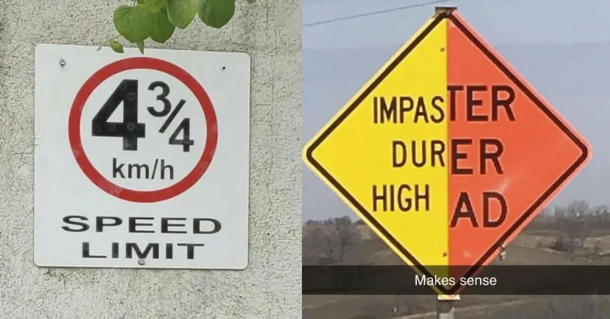 Collection of confusing sign images and confusing street signs including contradictory road markings and fraction speed limits