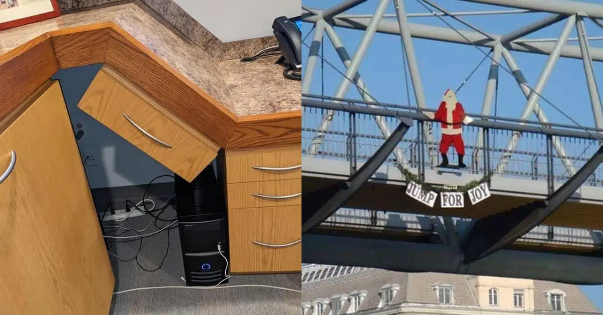 Collection of cursed image disasters and wtf photo finds including invisible stairs and accidental anxiety shirts