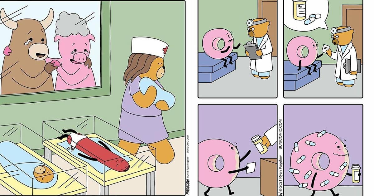 Collection of dark humor comic highlights by BuniComic featuring carrot scandals, hot dog makeovers, and heart transplants for snowmen.