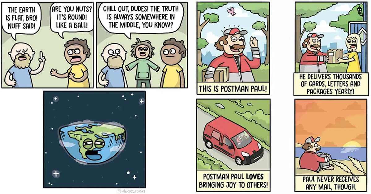 Collection of dark humor comic favorites by Whoops Comics featuring the "World's Greatest Dad" fight, the Oppenheimer IMAX explosion, and the revenge chirping bird.