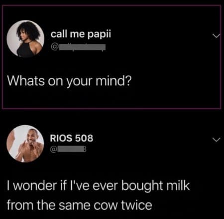 Twitter user posting a random shower thought wondering if they have ever bought milk from the same cow twice.