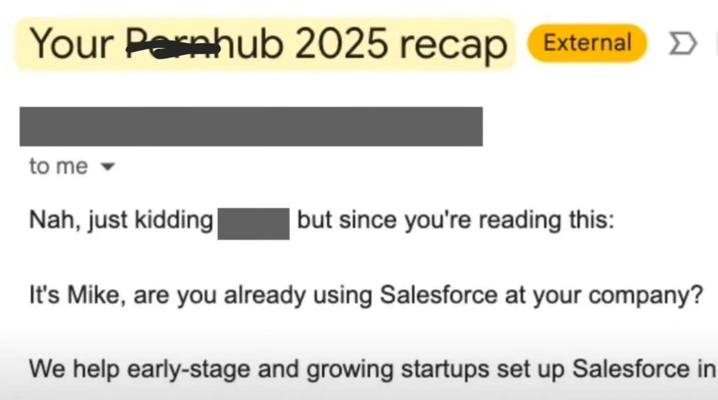 Sales email using a fake adult site recap subject line to grab attention for a Salesforce pitch.