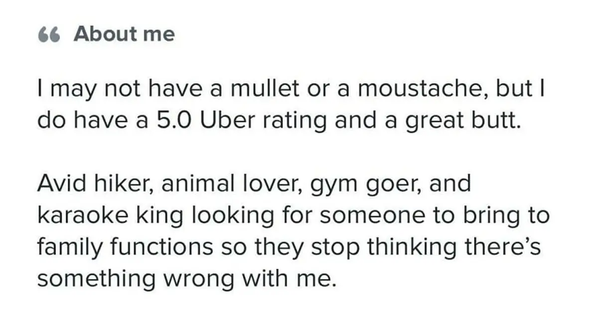 Collection of funny tinder profile favorites and funny dating app profiles featuring library punks and sarcastic penthouse owners