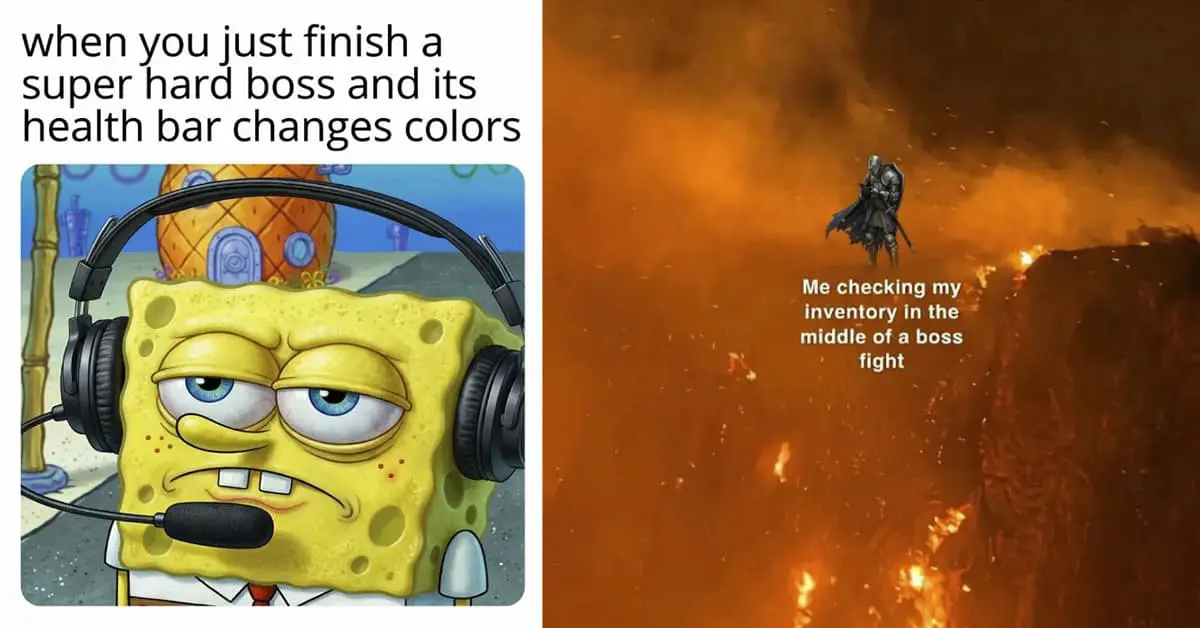 A collection of gamer meme favorites including the GTA speed limit sign, the Resident Evil 4 ammo logic, and the Rust base plea.