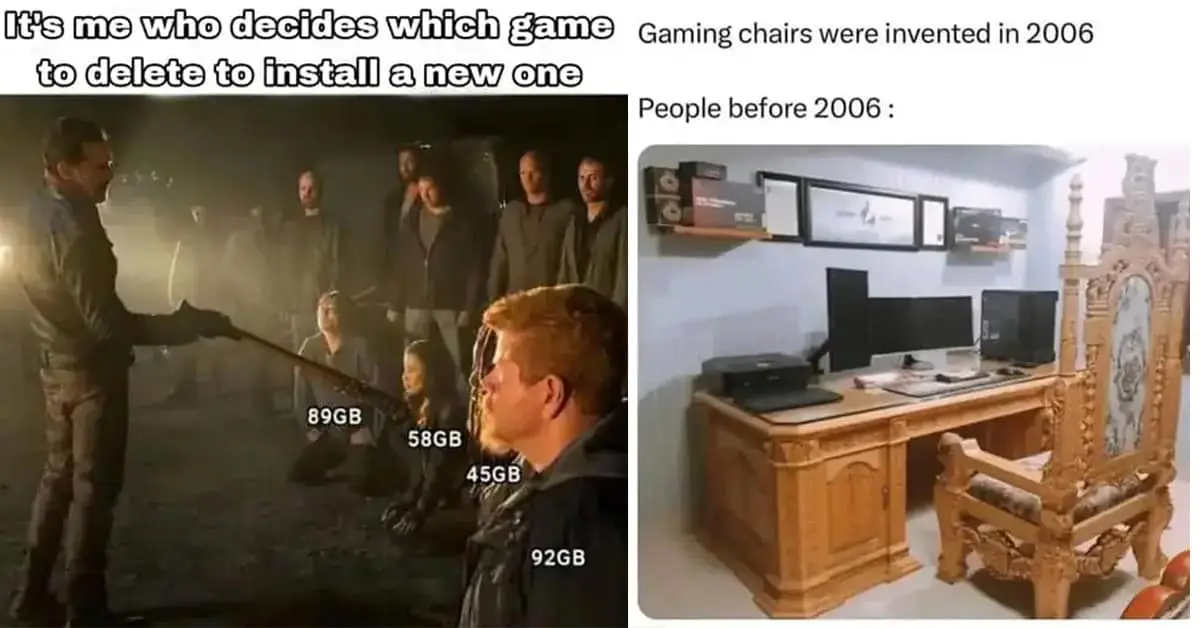 Collection of gamer meme images and video game meme highlights featuring aging gamers and side quest overload.