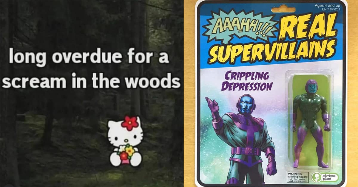 Collection of mental health memes and therapy meme jokes featuring Courage the Cowardly Dog and curly fry logic.