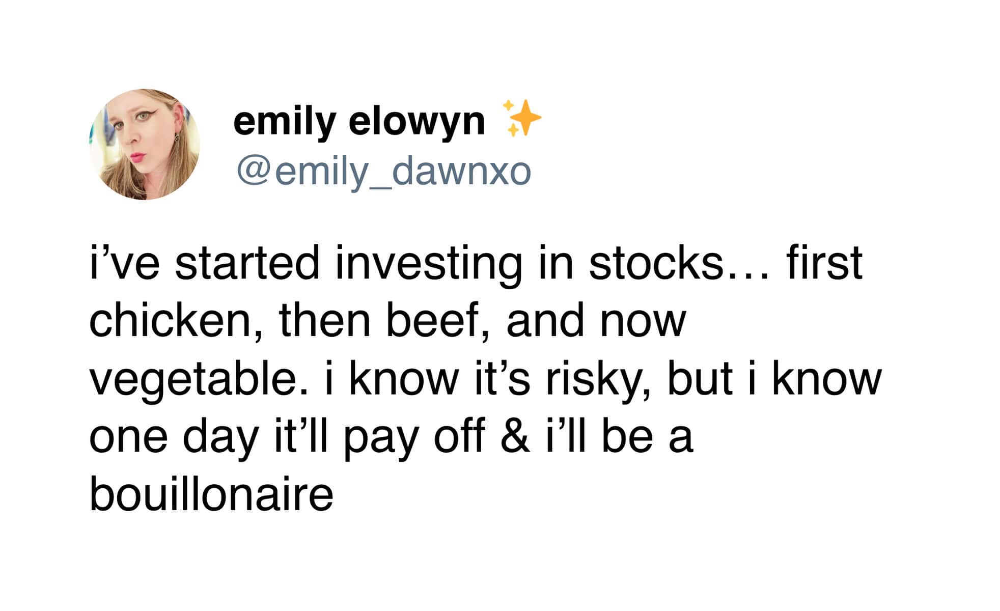 A punny meme tweet by @emily_dawnxo about investing in chicken, beef, and vegetable stocks to become a "bouillonaire."