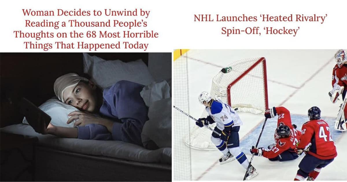 Collection of funny Reductress headline images and best Reductress headlines featuring dry January fails and doomscrolling