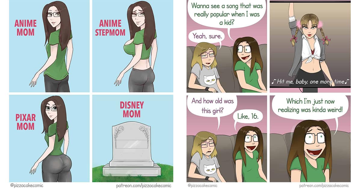 Collection of relatable comic images and Pizzacake comic compilations featuring bad haircuts and insurance scams