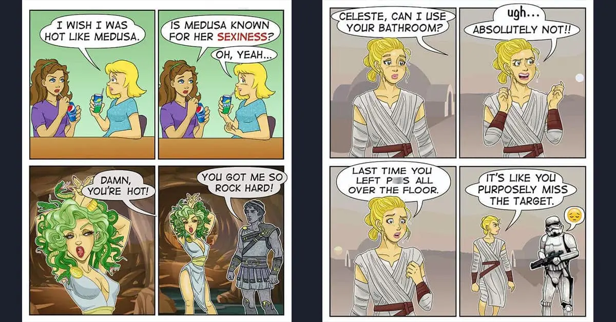 Collection of relatable comic strips and Eric Salinas comic highlights featuring puns and awkward social situations