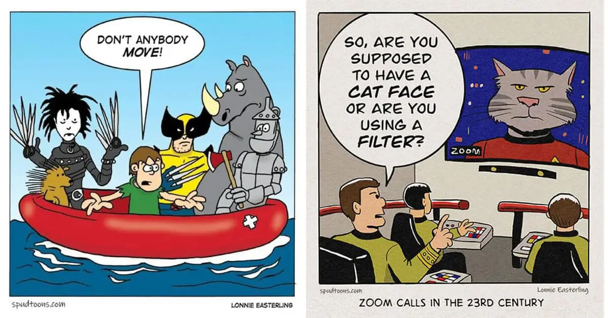 Collection of single panel comic images and SpudToon comic compilations featuring Edward Scissorhands in a raft and Cookie Monster