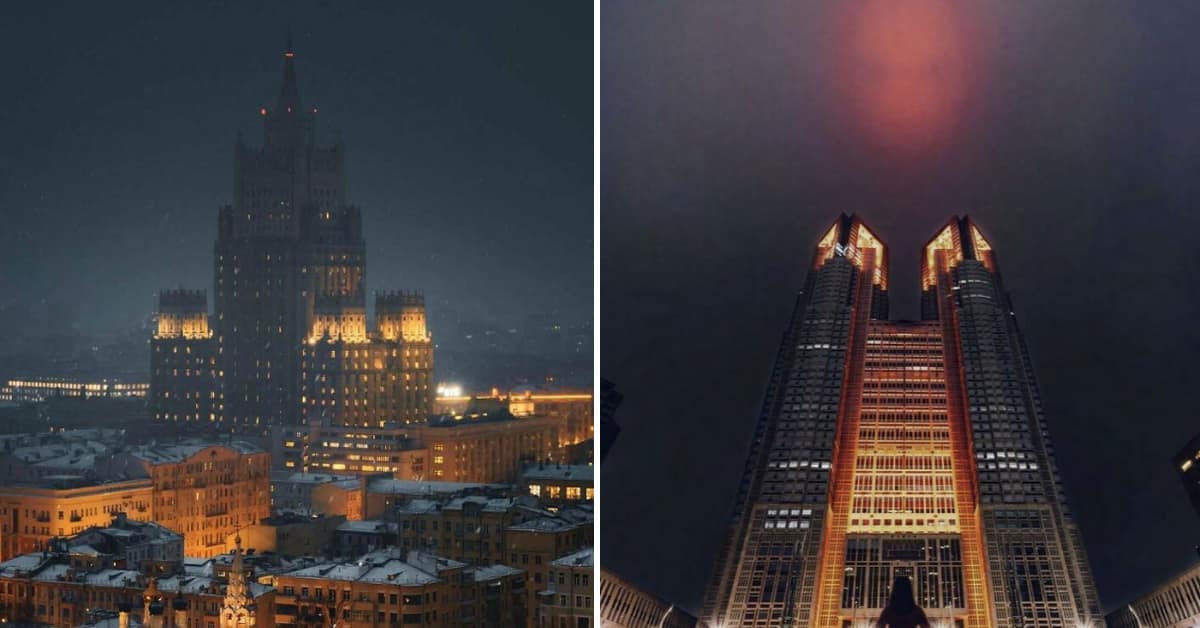 Collection of sinister building photos and obvious super villain lair locations including brutalist towers and organic skyscrapers