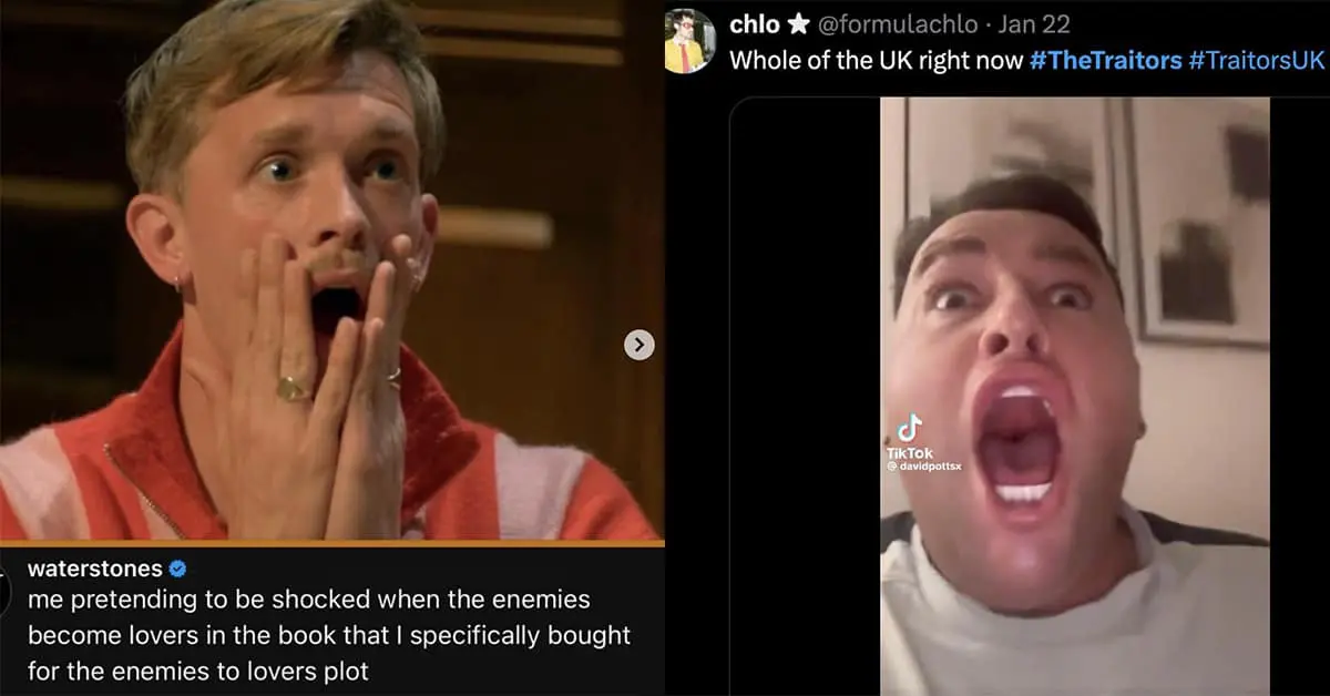 Collection of The Traitors UK memes highlights and The Traitors memes featuring Stephen's resemblance to the blinking guy, Faraaz's train slogans, and book shopping struggles.