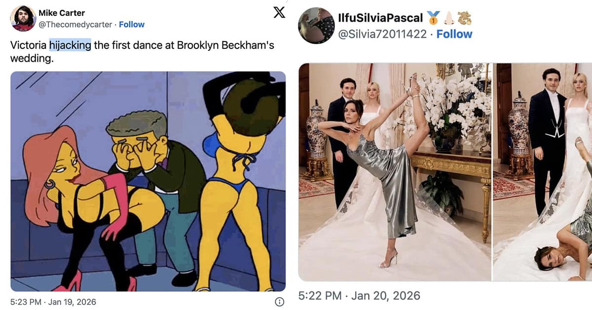 Collection of victoria beckham meme favorites and victoria beckham wedding dance memes featuring Ricky Gervais and angry stares
