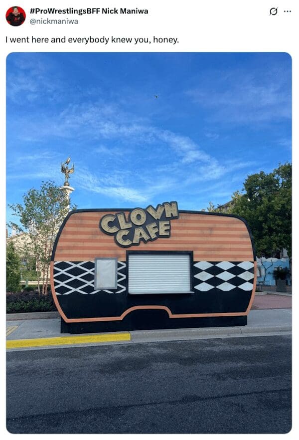 Colorful outdoor building labeled Clown Cafe with a roasting tweet caption.