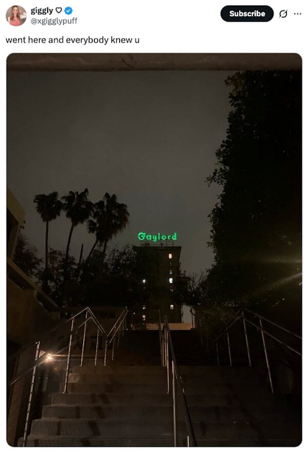 Building at night with a large green neon sign reading Gaylord.