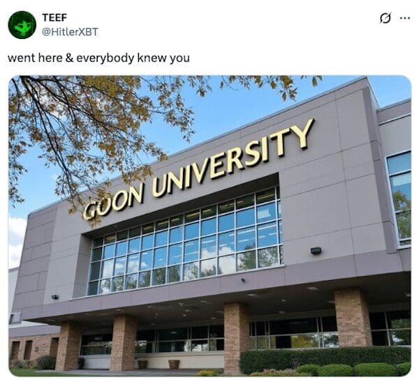 Large campus building with gold letters reading Goon University.