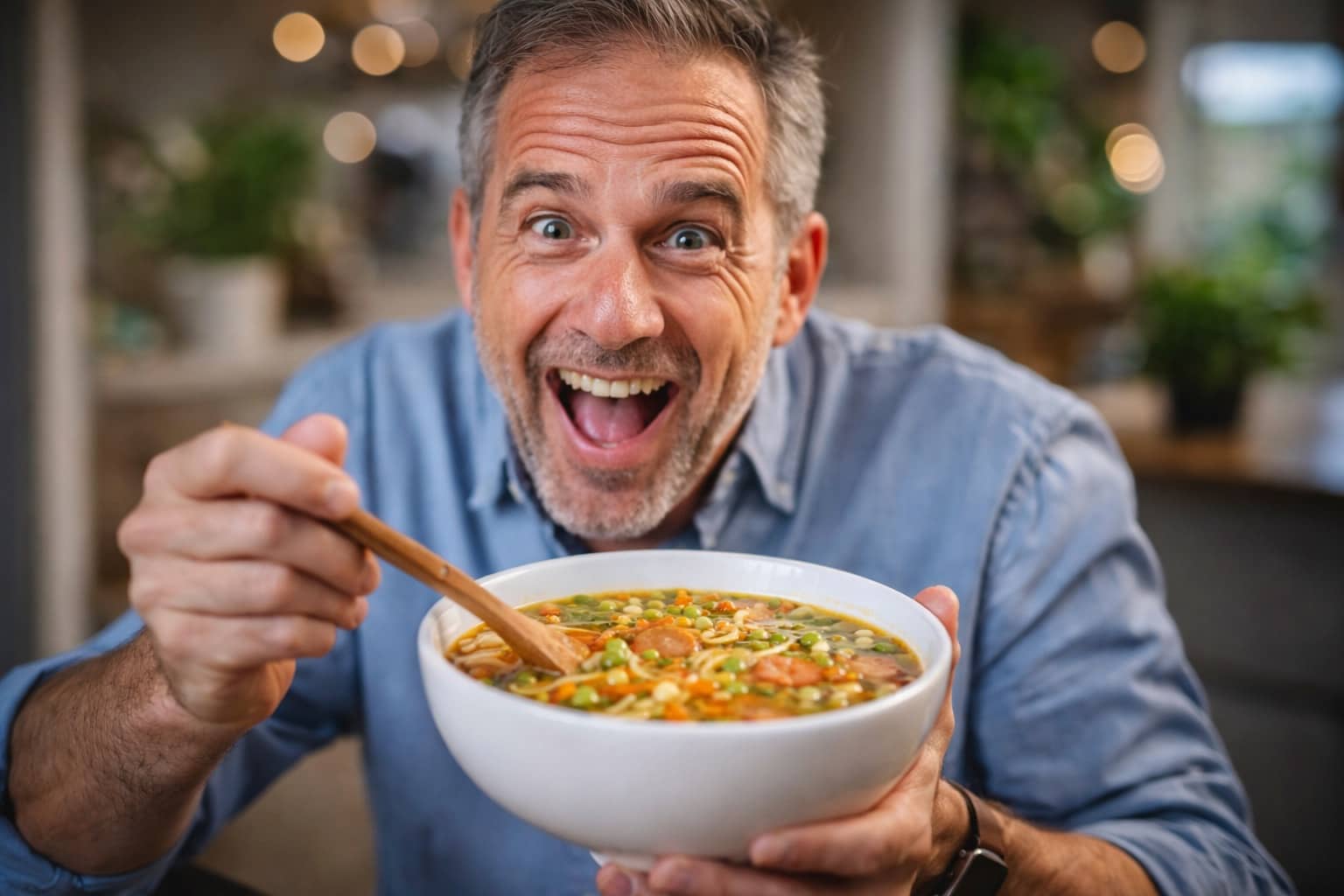 Excited man holding a bowl of vegetable soup, used for relatable food puns and humor.