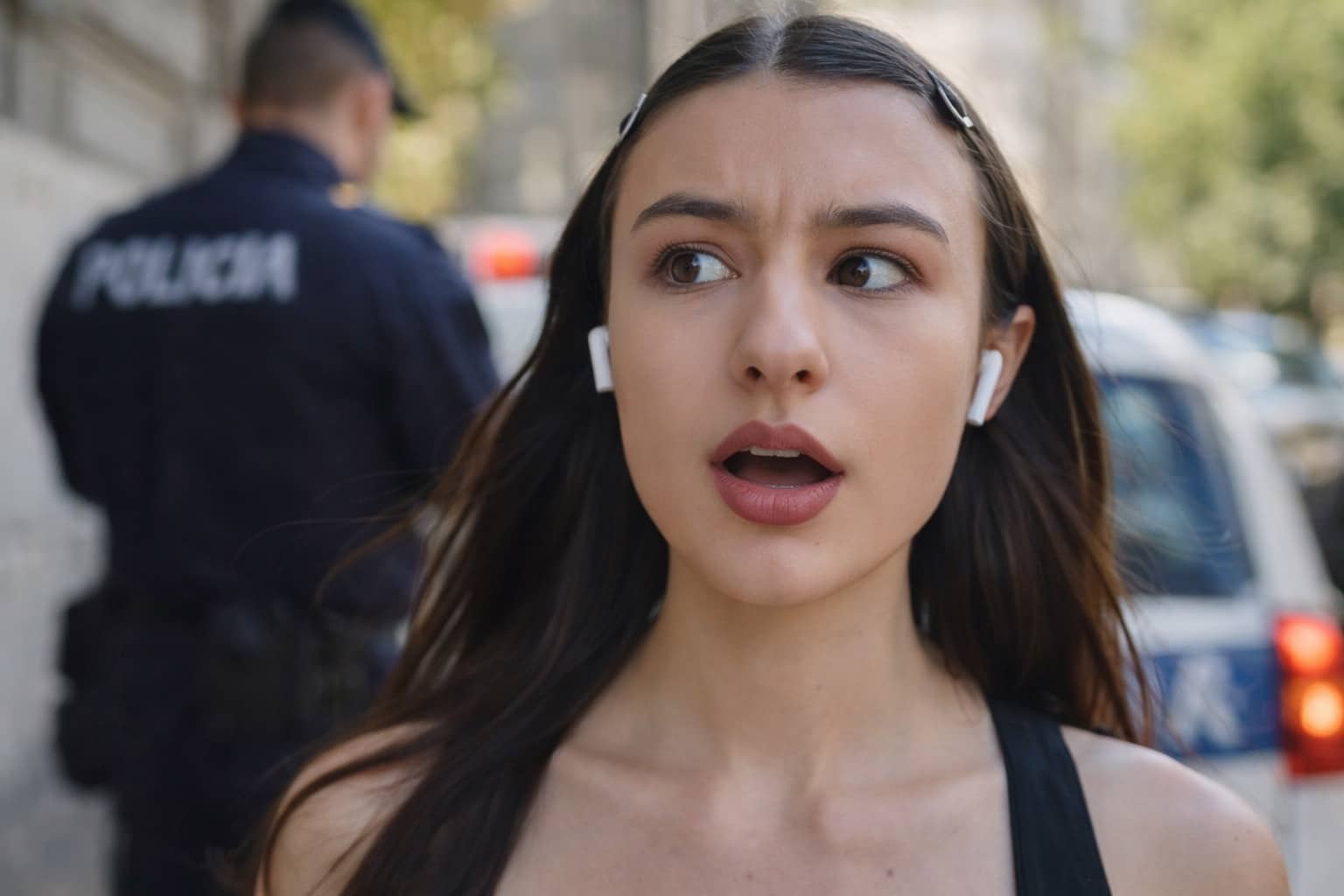 Surprised woman looking sideways with an open mouth, representing shock and "hold up" memes.