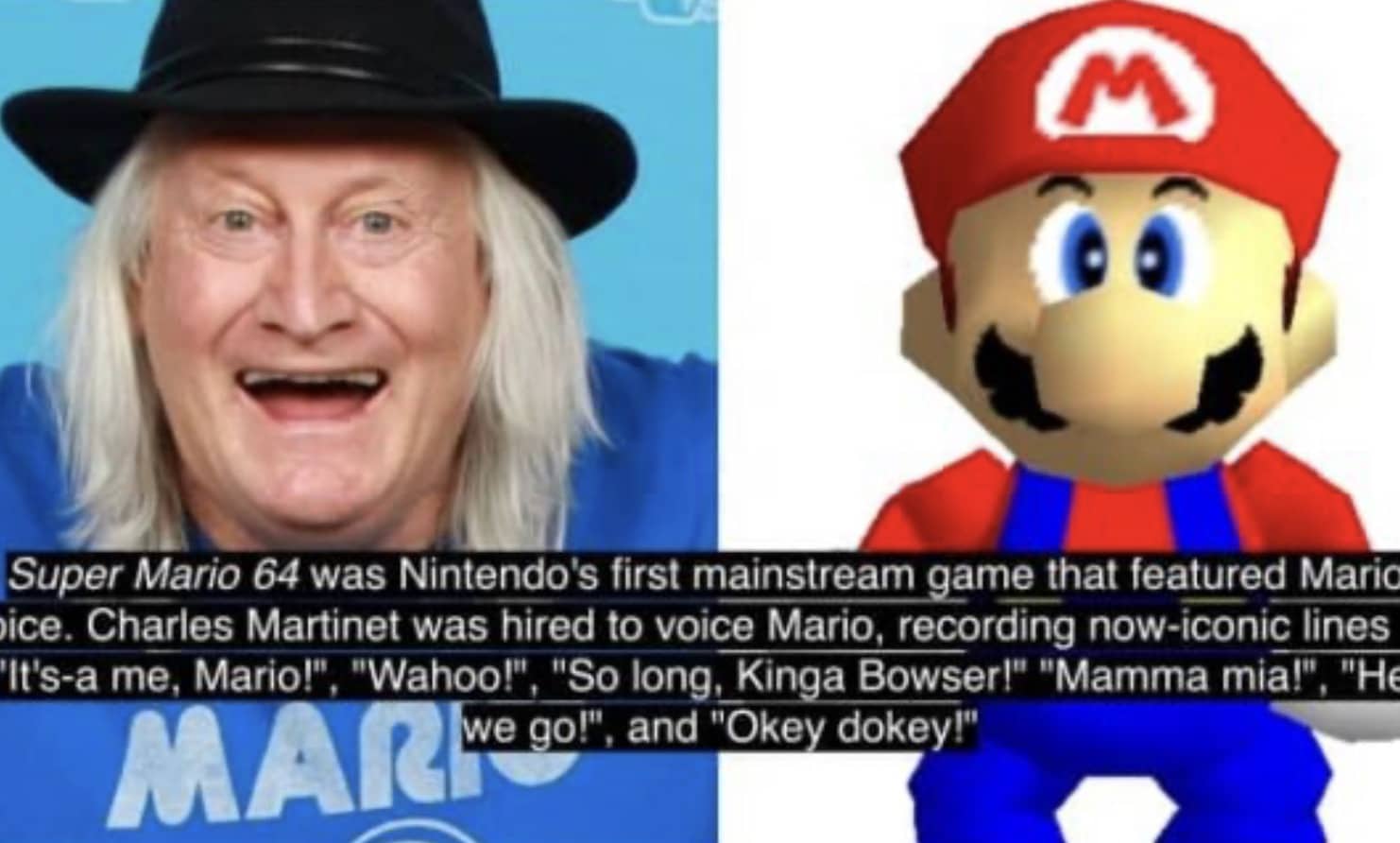 Charles Martinet alongside Super Mario 64 character model for a gallery of Super Mario facts.