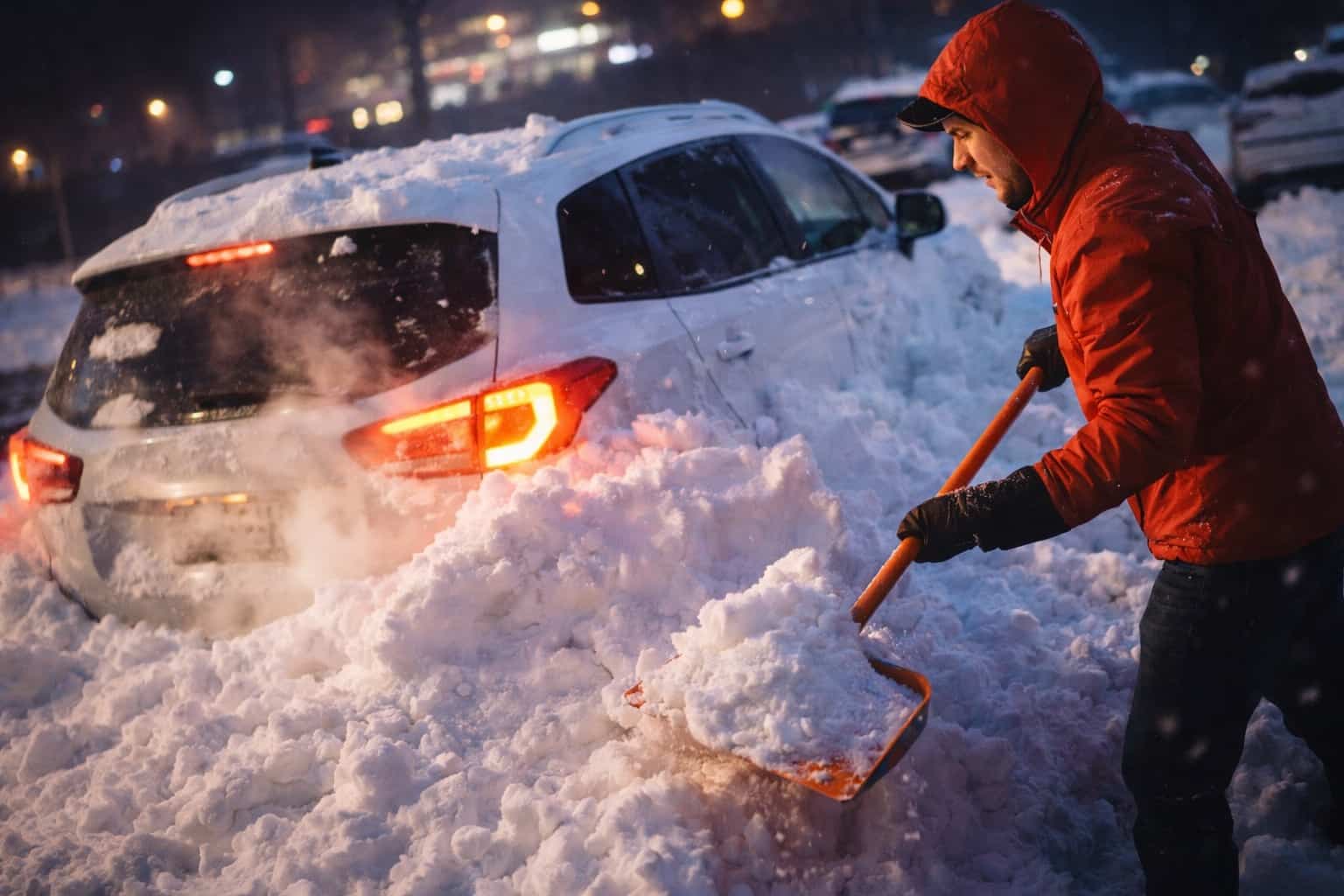Man in red jacket shoveling deep snow away from a white car during a winter storm.
