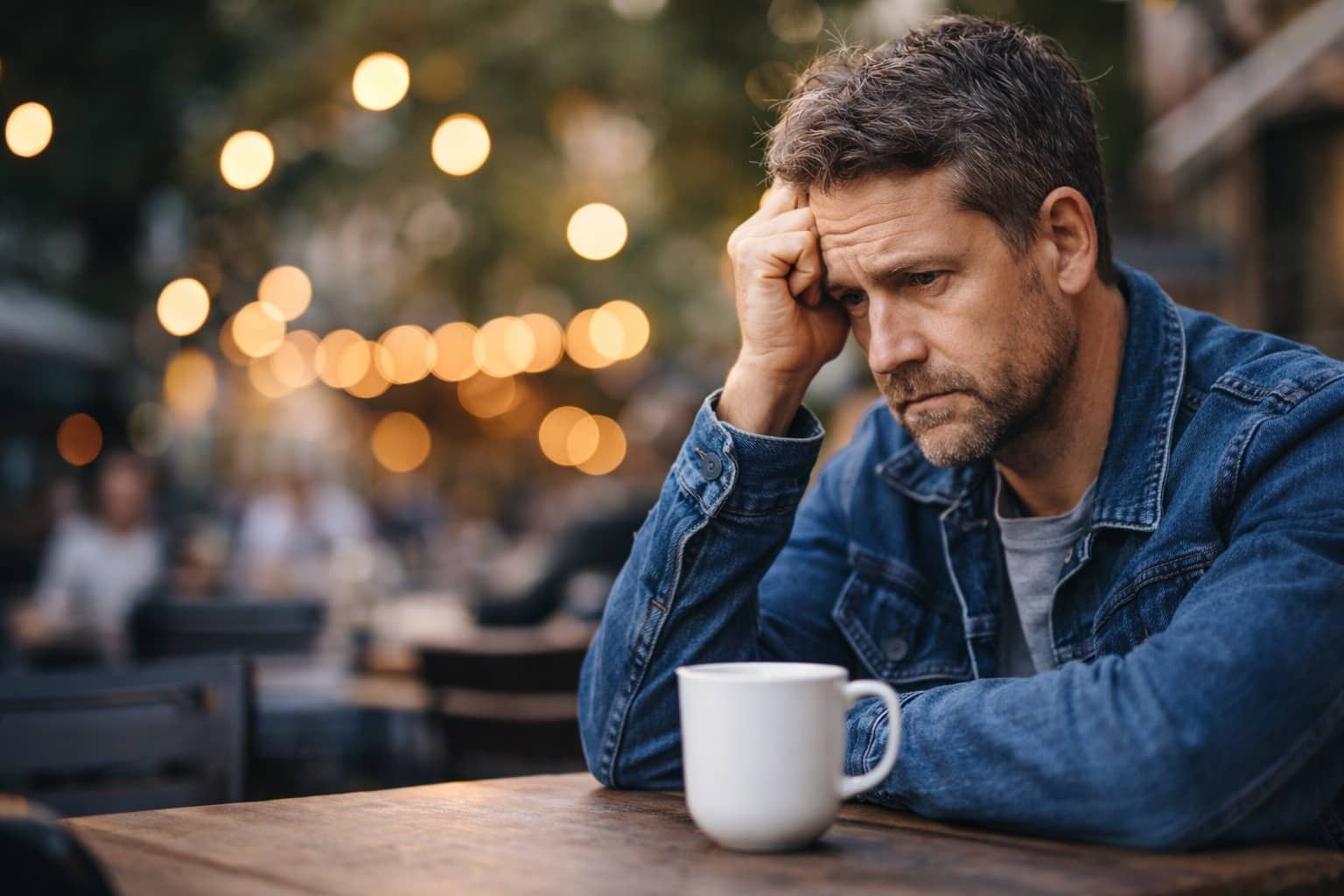 Stressed man in denim jacket leaning on hand at outdoor cafe for relatable life memes.