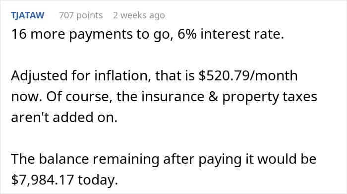 Financial breakdown showing a 1950s mortgage balance adjusted for inflation equals approximately $7,984 today.