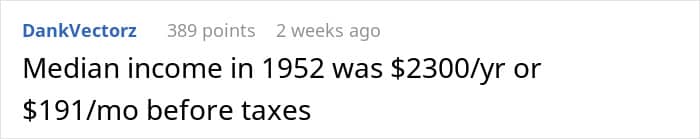 Text post stating that the median annual income in 1952 was only $2,300.