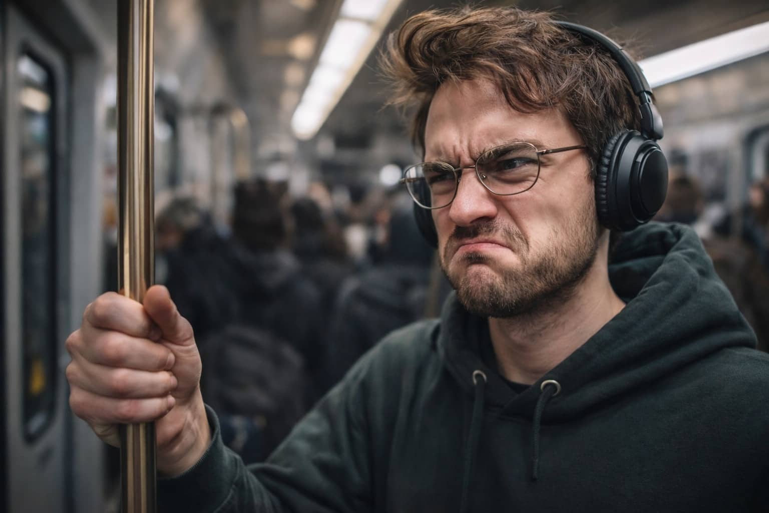 an wearing headphones looking annoyed on a crowded subway, illustrating relatable antisocial memes and commuting.