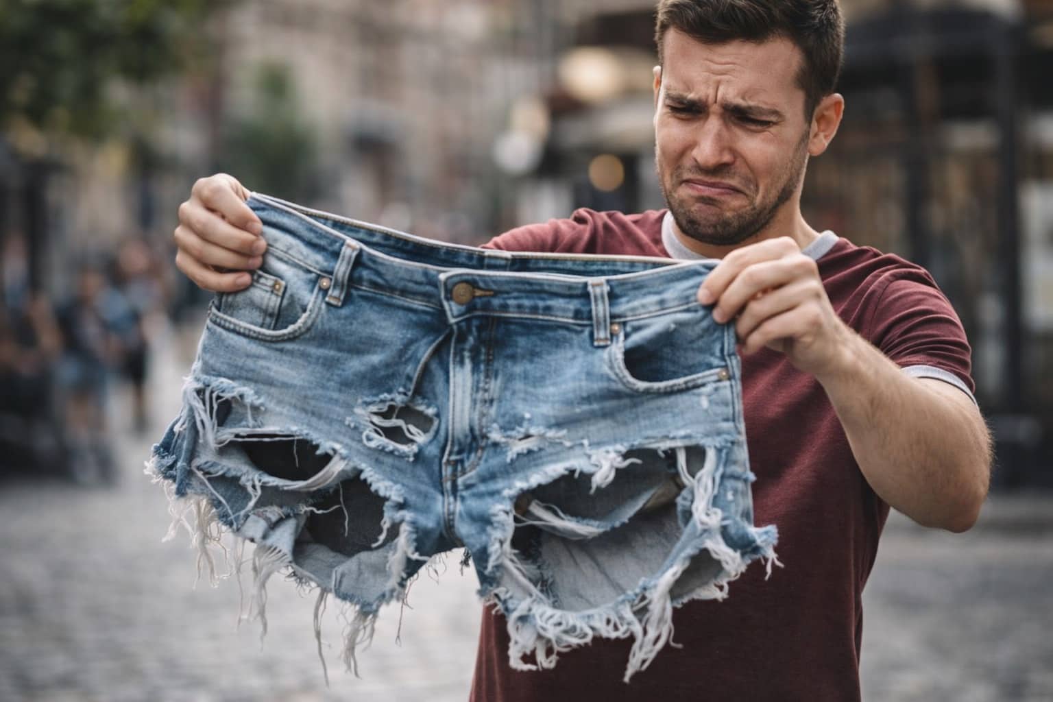 Man looking disgusted while holding up a pair of extremely distressed and shredded denim jeans memes.