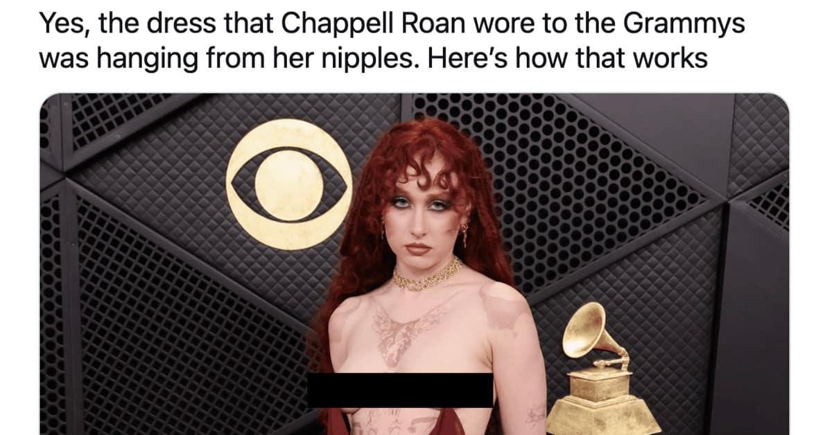 A compilation gallery of viral 2026 Grammys memes and reactions, featuring Justin Bieber in underwear, Heidi Klum's raw chicken dress comparison, and Chappell Roan squinting.