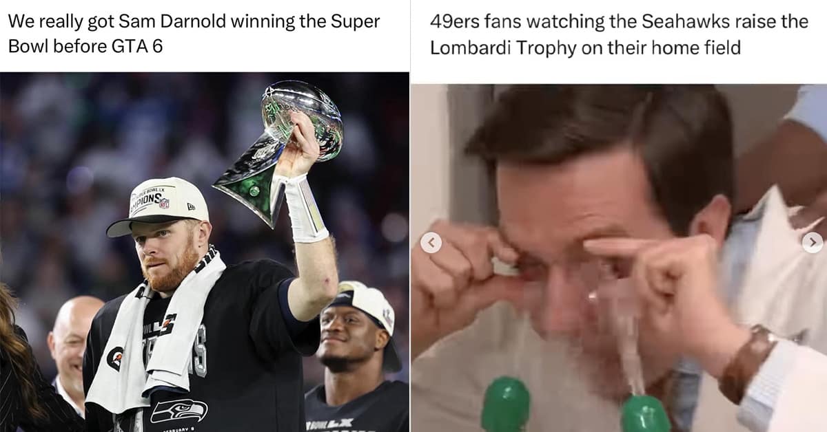 A compilation of 2026 Super Bowl meme content featuring Sam Darnold's "Apology Form," the Roman Numeral search spike, and the Lisa Rinna lookalike.