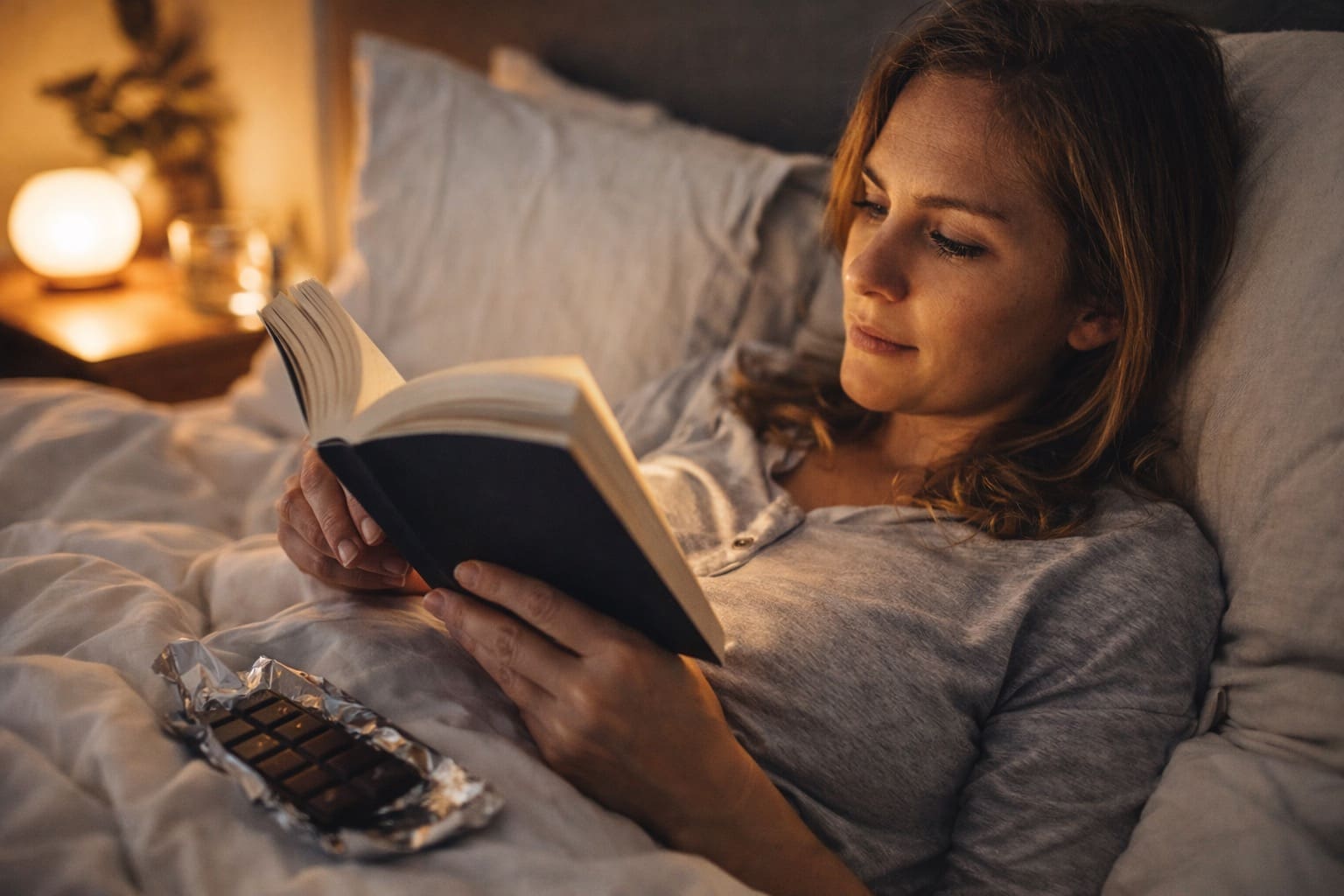 Relaxed woman reading a book in bed with a bar of chocolate for book lover tweets.