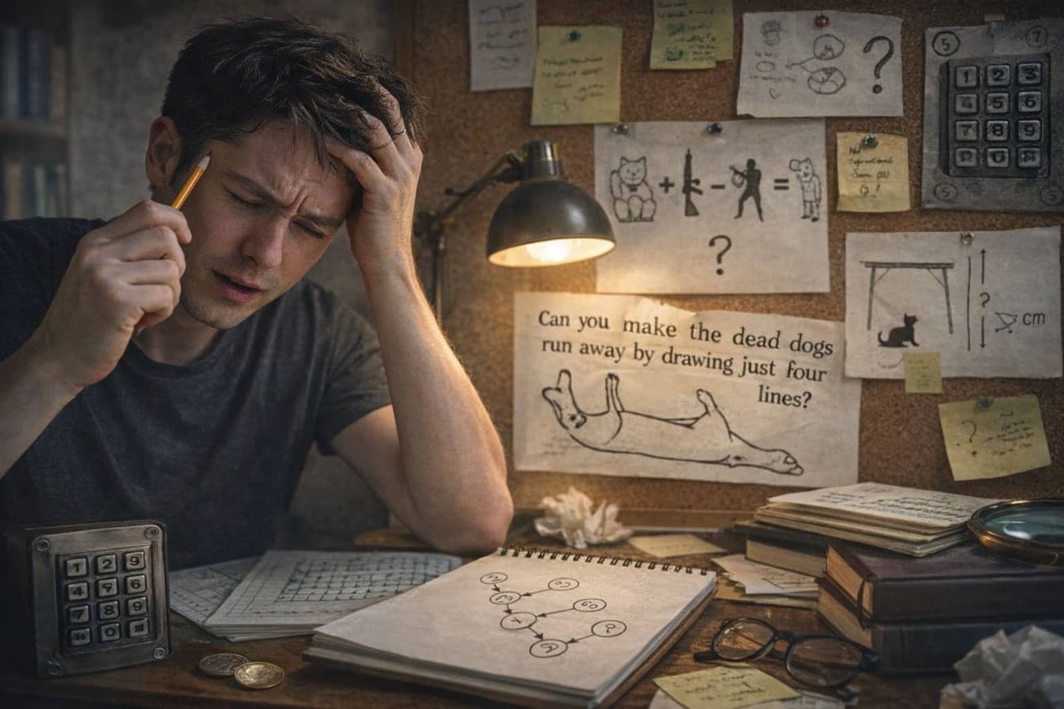 Stressed man at a desk with complex brain teasers, riddles, and sketches on a corkboard.