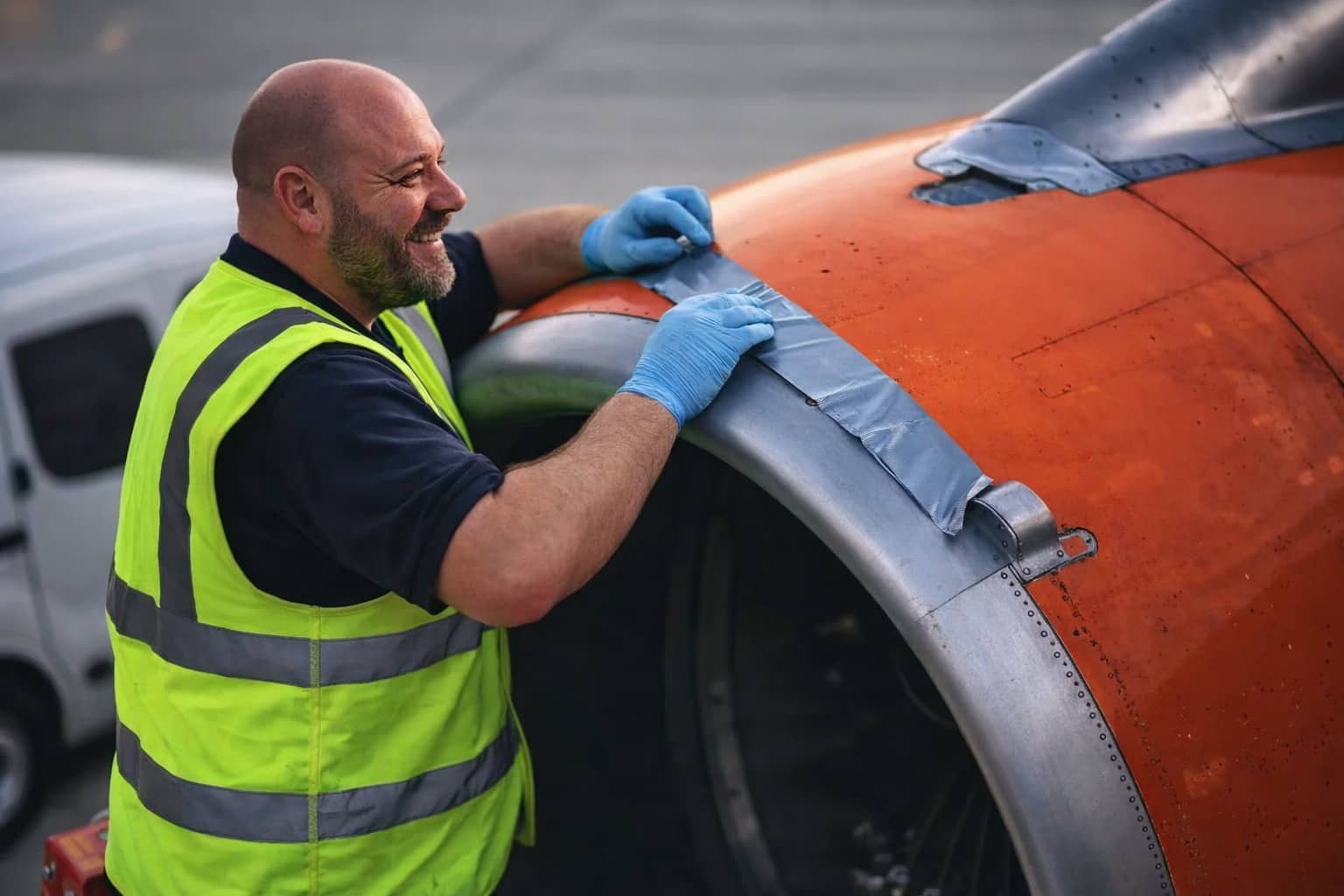 Aircraft technician using duct tape on a jet engine, illustrating dumb people doing dumb things.